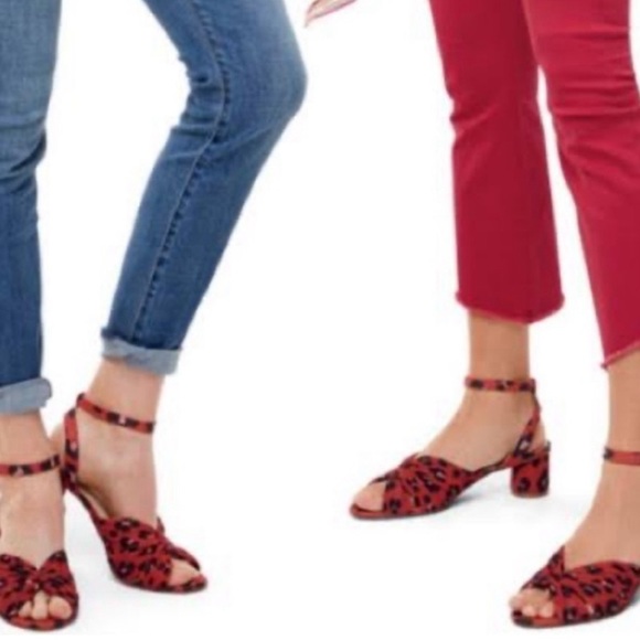Cabi siren sandals leopard print pleated peep toe red ankle straps spool heel - Picture 2 of 14
